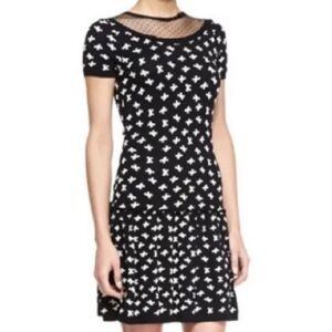 Red Valentino Black White Bow Print Mesh Yoke Short Sleeve Mini Knitted Dress